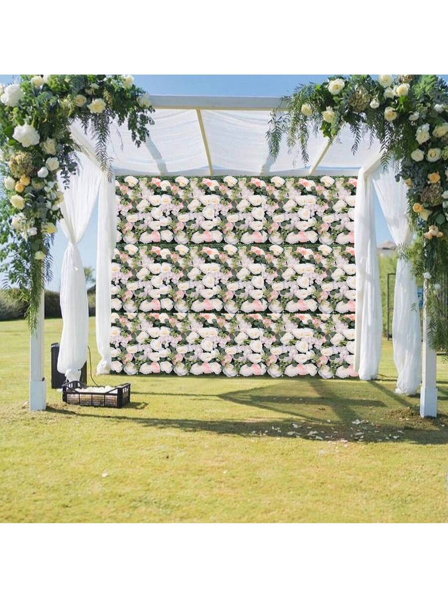 Artificial Flower Wall Panel 6PCS 23.62''x15.75''x0.79'' Lifelike Rose & Peony Panels Silk Fabric Floral Mat Greenery Eucalyptus Backdrop, Champagne White Greenery - Multicolor