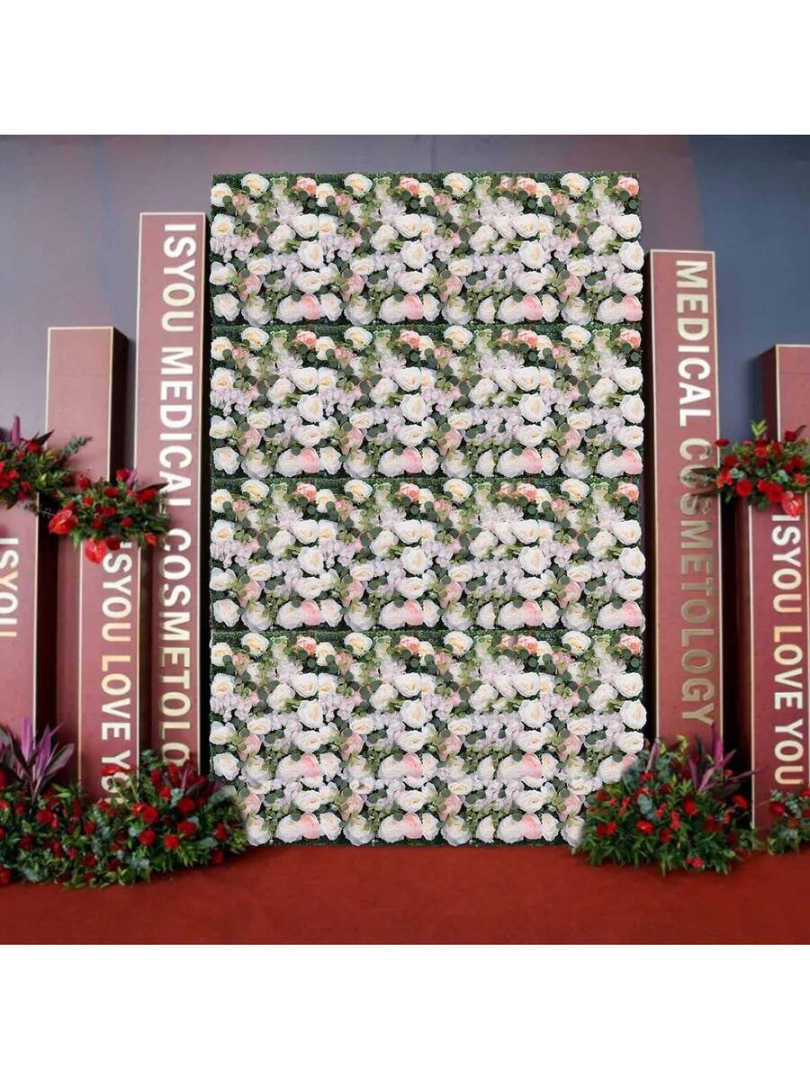 Artificial Flower Wall Panel 6PCS 23.62''x15.75''x0.79'' Lifelike Rose & Peony Panels Silk Fabric Floral Mat Greenery Eucalyptus Backdrop, Champagne White Greenery - Multicolor