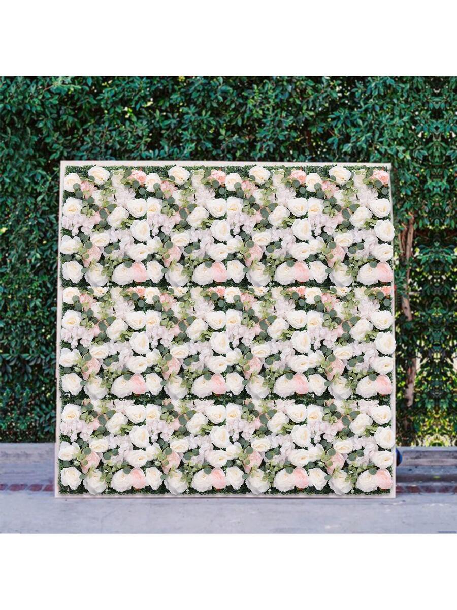 Artificial Flower Wall Panel 6PCS 23.62''x15.75''x0.79'' Lifelike Rose & Peony Panels Silk Fabric Floral Mat Greenery Eucalyptus Backdrop, Champagne White Greenery - Multicolor