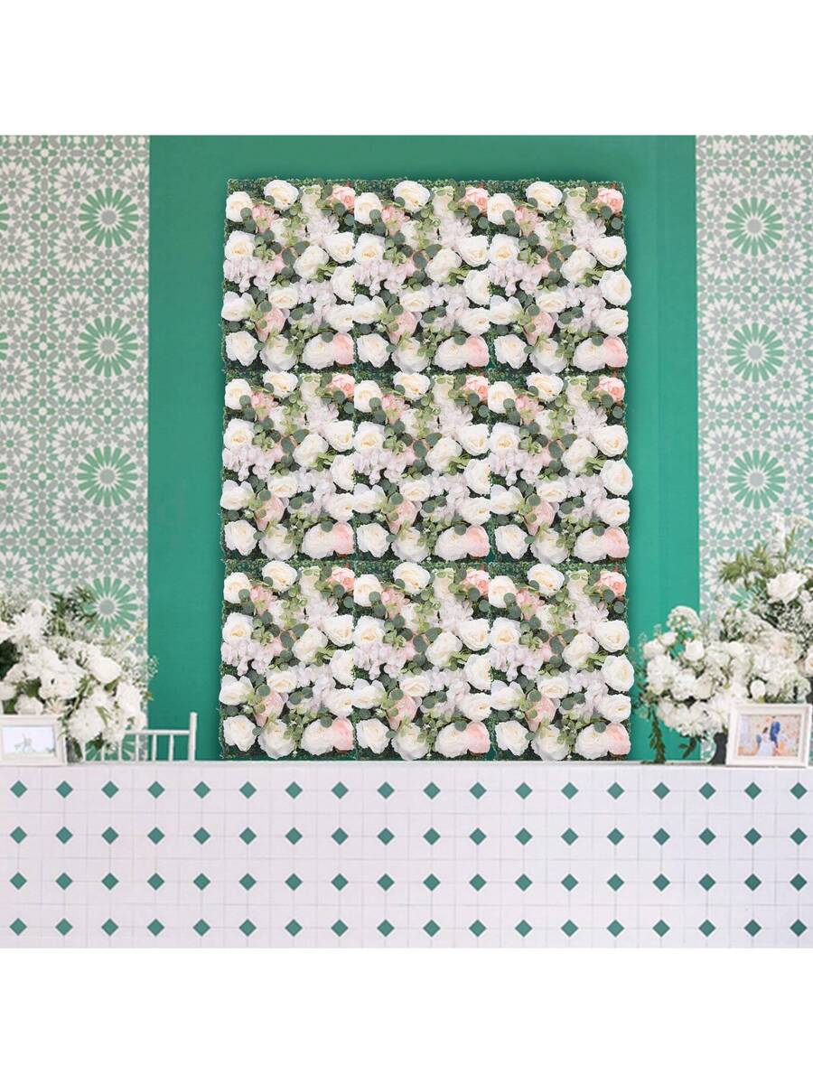 Artificial Flower Wall Panel 6PCS 23.62''x15.75''x0.79'' Lifelike Rose & Peony Panels Silk Fabric Floral Mat Greenery Eucalyptus Backdrop, Champagne White Greenery - Multicolor