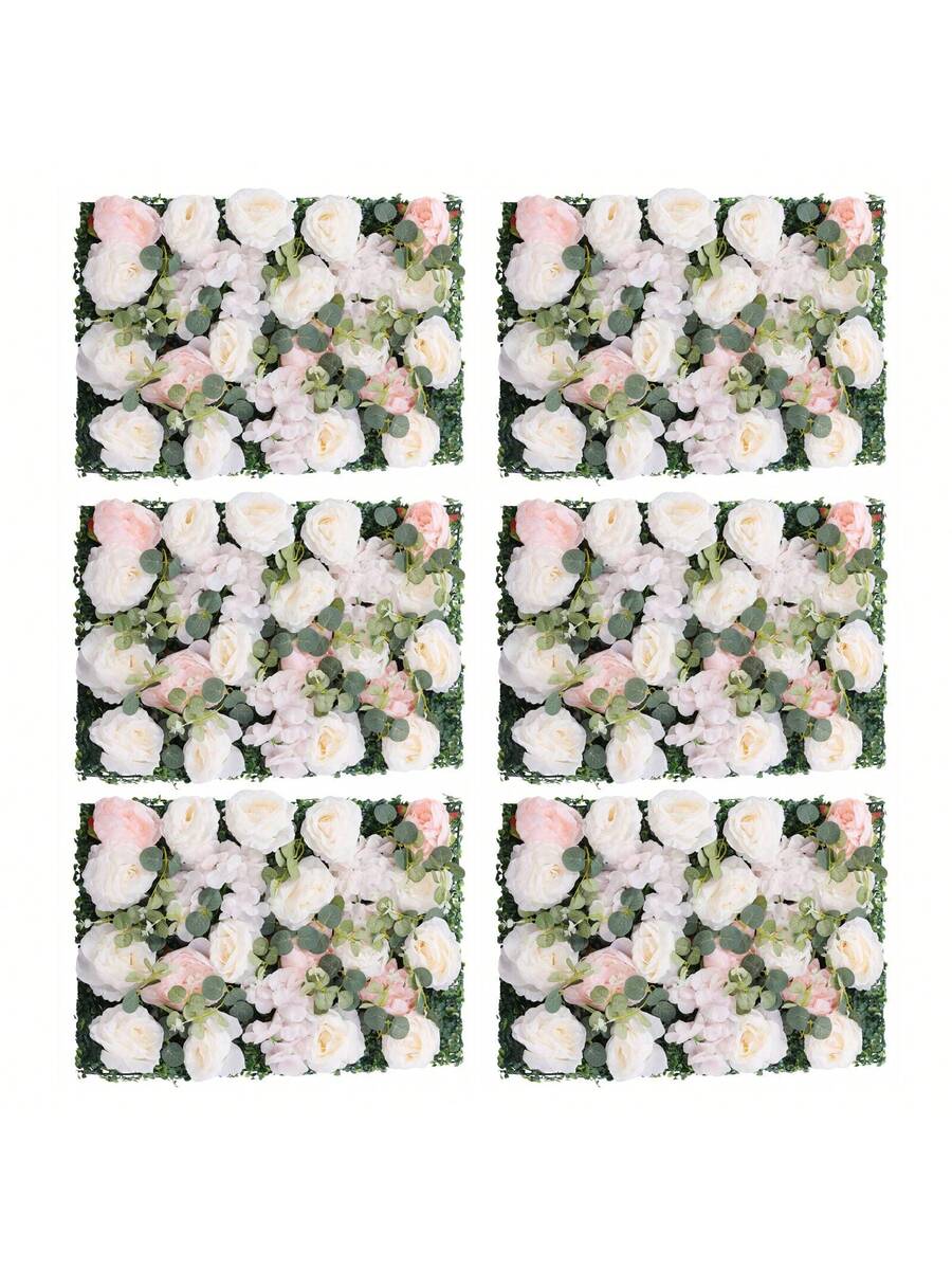 Artificial Flower Wall Panel 6PCS 23.62''x15.75''x0.79'' Lifelike Rose & Peony Panels Silk Fabric Floral Mat Greenery Eucalyptus Backdrop, Champagne White Greenery - Multicolor