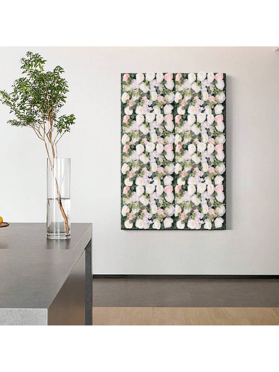 Artificial Flower Wall Panel 6PCS 23.62''x15.75''x0.79'' Lifelike Rose & Peony Panels Silk Fabric Floral Mat Greenery Eucalyptus Backdrop, Champagne White Greenery - Multicolor