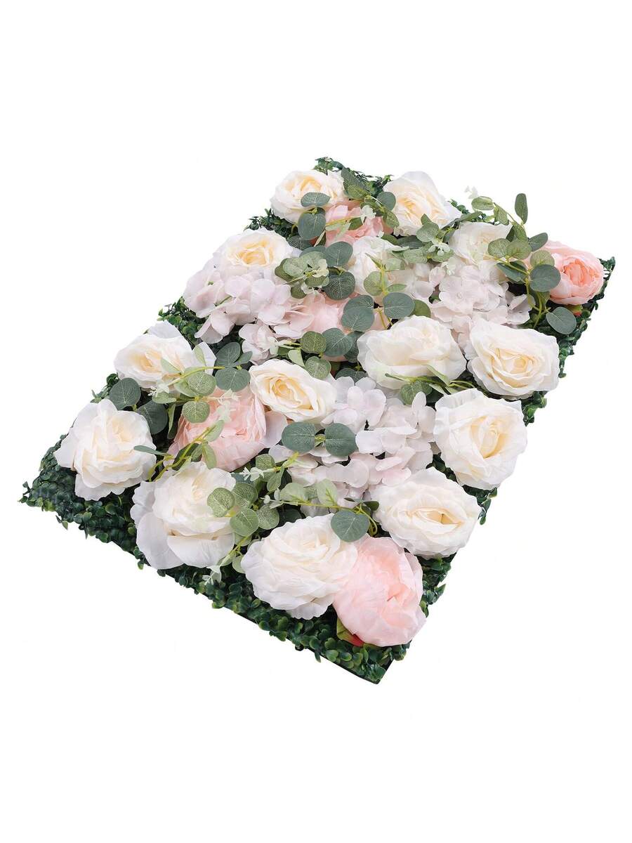 Artificial Flower Wall Panel 6PCS 23.62''x15.75''x0.79'' Lifelike Rose & Peony Panels Silk Fabric Floral Mat Greenery Eucalyptus Backdrop, Champagne White Greenery - Multicolor