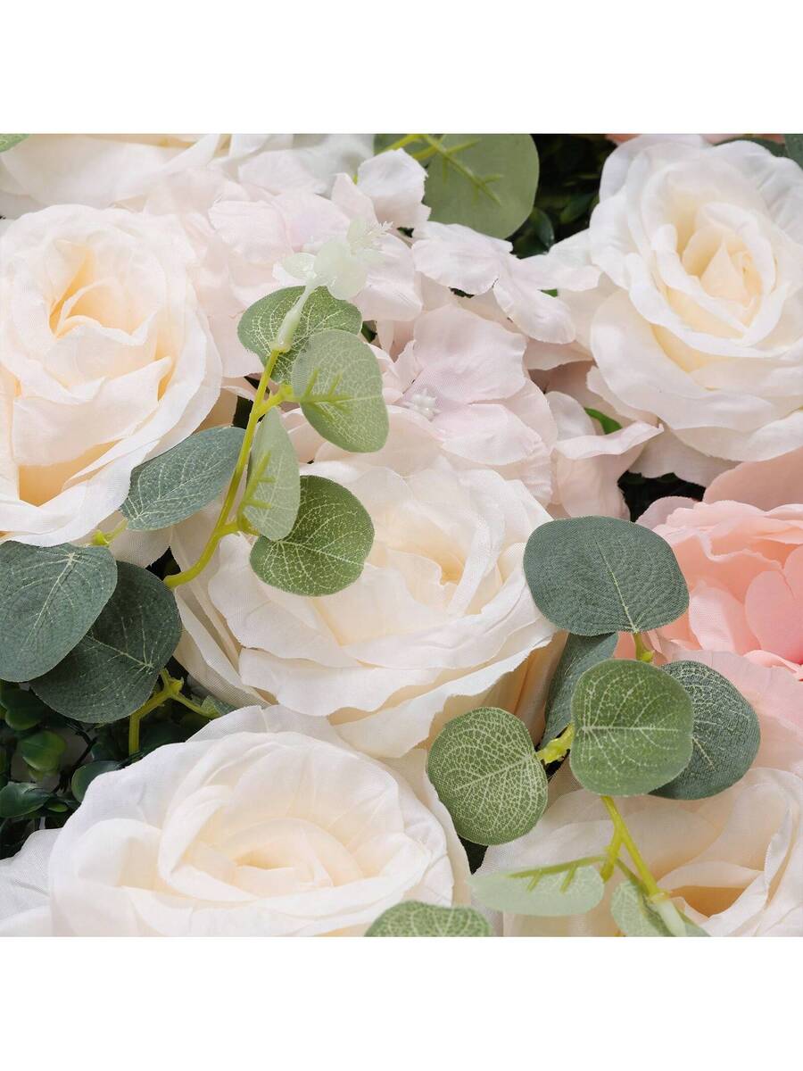 Artificial Flower Wall Panel 6PCS 23.62''x15.75''x0.79'' Lifelike Rose & Peony Panels Silk Fabric Floral Mat Greenery Eucalyptus Backdrop, Champagne White Greenery - Multicolor