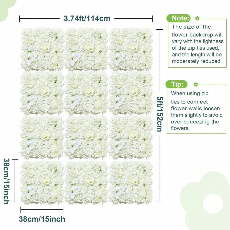 24 Pcs White 3D Flower Wall Backdrop 7.5ftx5ft Wedding Rose Floral Wall Backdrop For Bridal Shower Birthday Party Wedding Rose Floral Photo Background Valentines Christmas Wedding Decorations - White