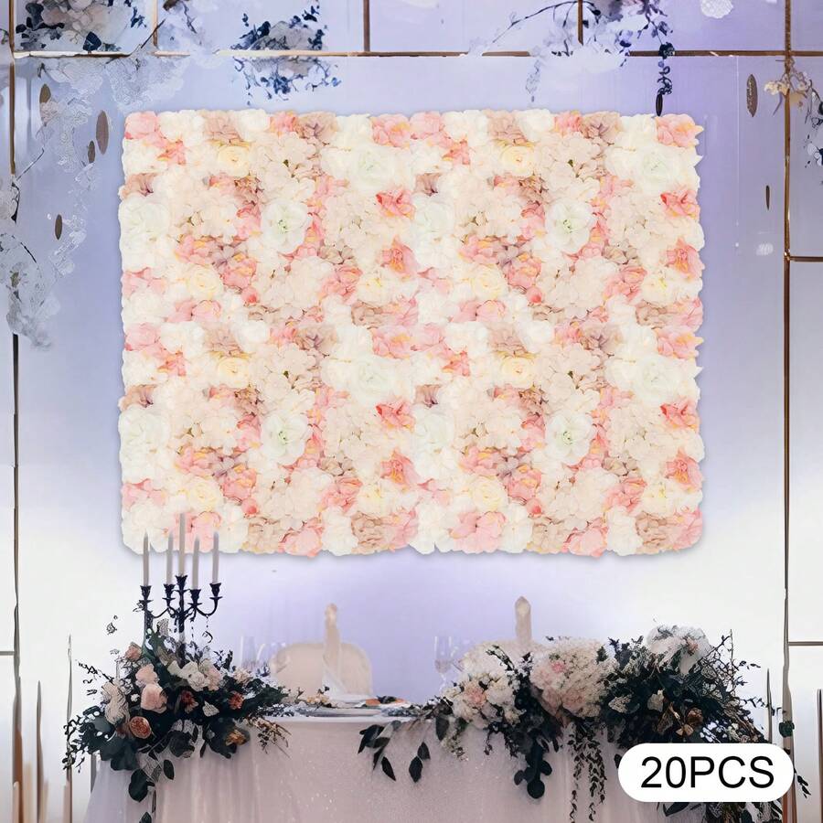 WOBENFOG 20PCS Flower Wall Panels, 23.62*15.75in  Rose Hydrangea Floral Wall Background Silk Flowers Panel Decoration,  Artificial Flower Backdrop For Wedding, Party, Home Decoration, Photo Background - Multicolor