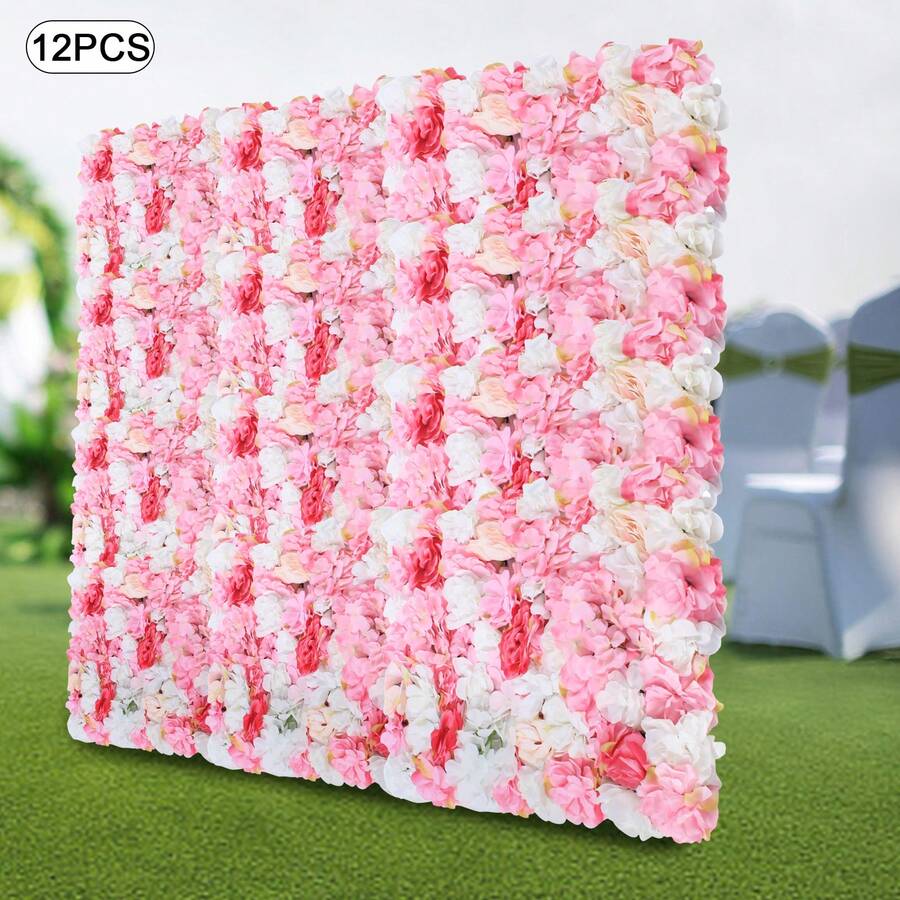 16"X 24" Artificial Flower Wall Panels,Flower Wall Mat Silk Flower Panels For Outdoor Garden Backyard Fence Fence Privacy Screen And Indoor Wall Decor(12Pcs Pink+White+Rose Red) - Pink