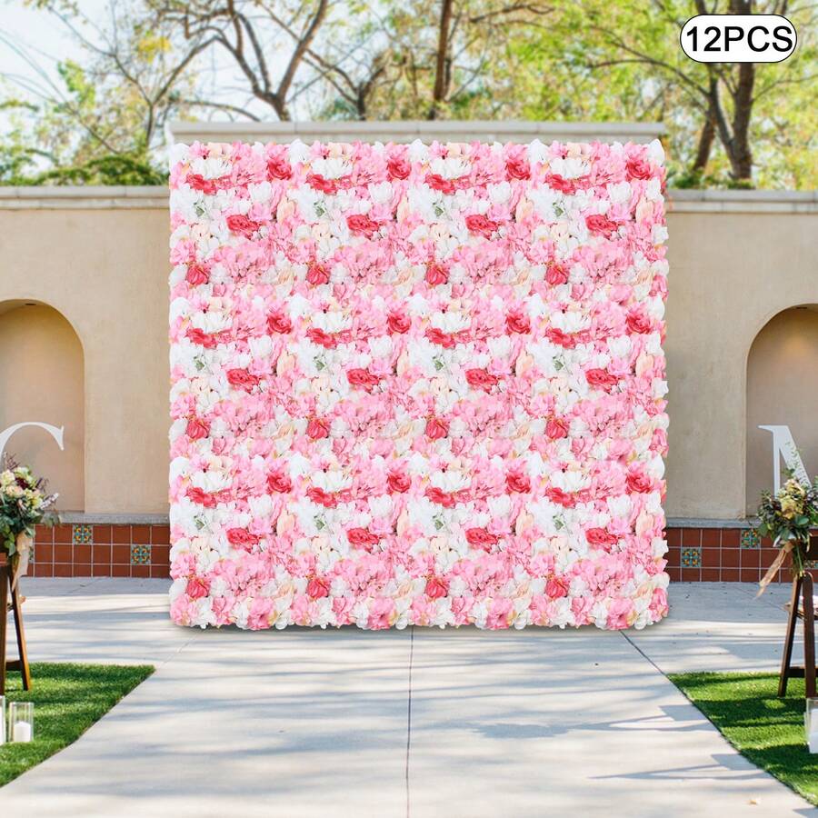 16"X 24" Artificial Flower Wall Panels,Flower Wall Mat Silk Flower Panels For Outdoor Garden Backyard Fence Fence Privacy Screen And Indoor Wall Decor(12Pcs Pink+White+Rose Red) - Pink