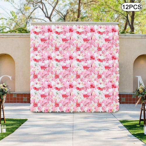 16"X 24" Artificial Flower Wall Panels,Flower Wall Mat Silk Flower Panels For Outdoor Garden Backyard Fence Fence Privacy Screen And Indoor Wall Decor(12Pcs Pink+White+Rose Red) - Pink