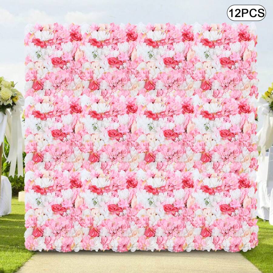 16"X 24" Artificial Flower Wall Panels,Flower Wall Mat Silk Flower Panels For Outdoor Garden Backyard Fence Fence Privacy Screen And Indoor Wall Decor(12Pcs Pink+White+Rose Red) - Pink