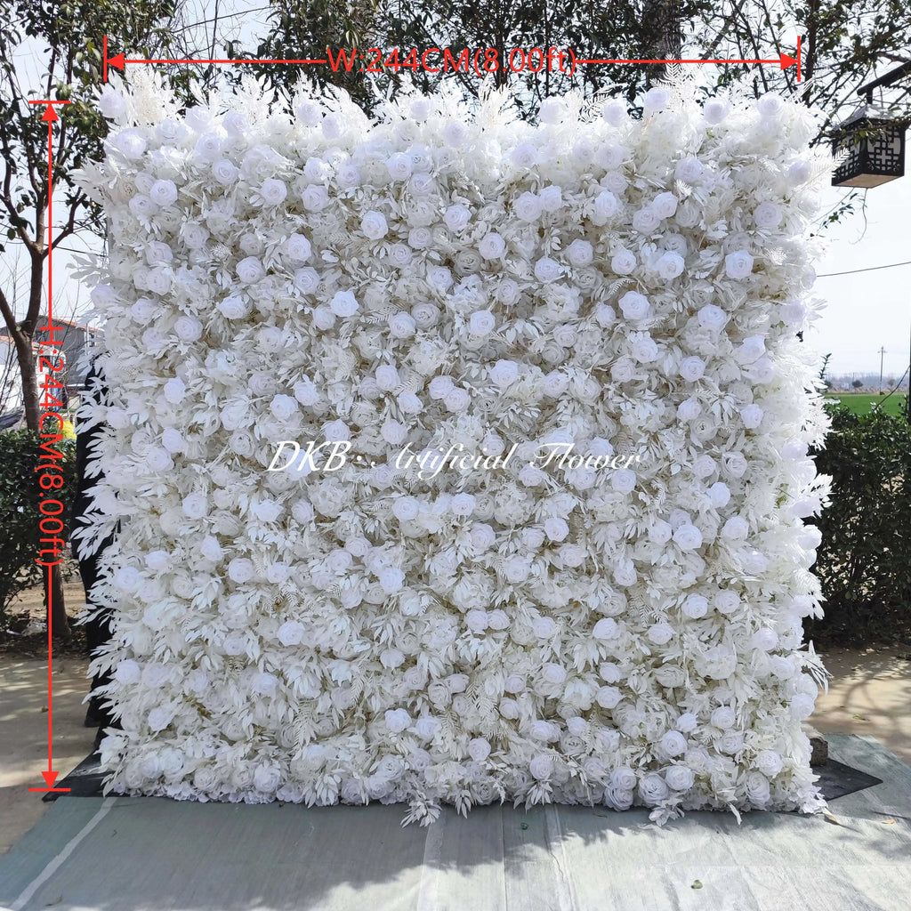Wholesale Artificial Flower Wall 8ft X 8ft White Roll up Flower Wall Panel Silk Rose Wall Backdrop for Wedding Decoration