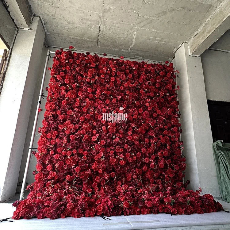 MSFAME Festive Party Supplies Decorative 8Ft X 8Ft Roll up Red Roses Flower Wall Backdrop