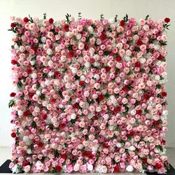 Custom 3d Roll up Fabric Cloth Base Pink Silk Rose Flowerwall Backdrop Panel Decor Artificial Flower Wall for Wedding Decor - #2 red