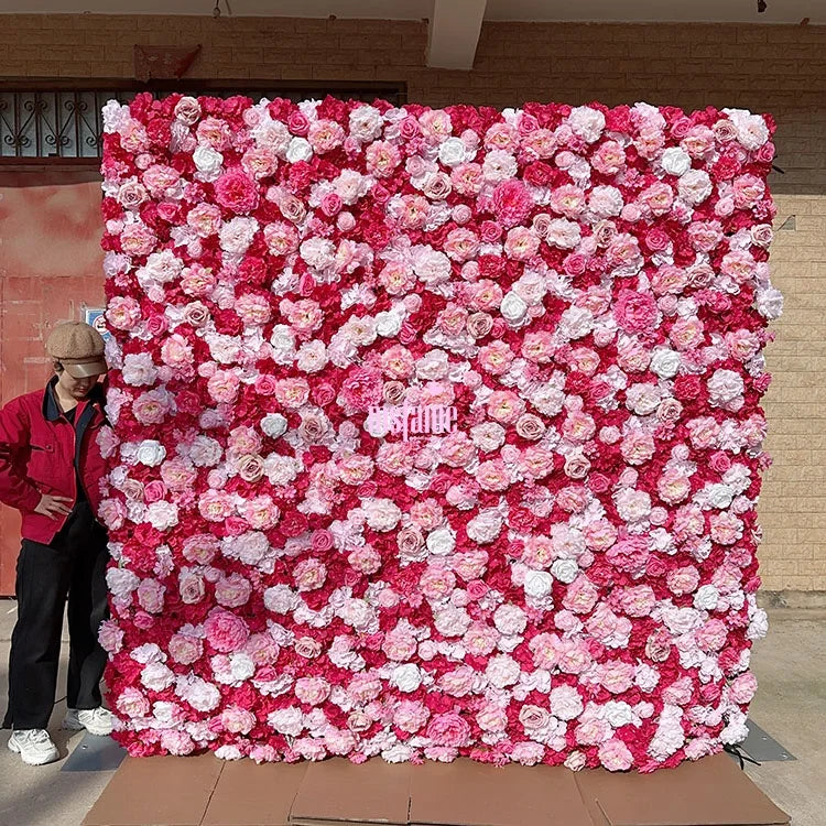 MSFAME Wedding Artificial Flowers Wall Decoration 5D Roll up Backdrop 8X8 Pink Flower Wall