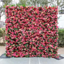 Wholesale Artificial Flower Wall 8ft X 8ft White Roll up Flower Wall Panel Silk Rose Wall Backdrop for Wedding Decoration - customizable / HQ274