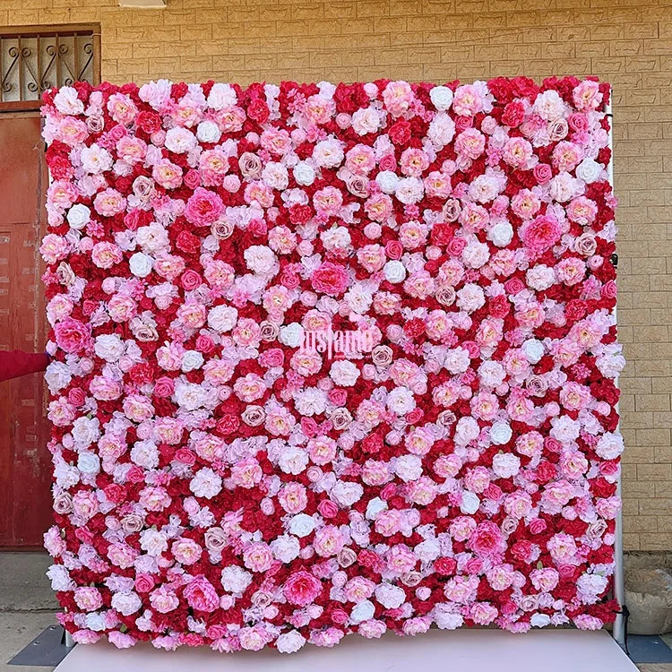 MSFAME Wedding Artificial Flowers Wall Decoration 5D Roll up Backdrop 8X8 Pink Flower Wall