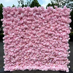 Custom 3d Roll up Fabric Cloth Base Pink Silk Rose Flowerwall Backdrop Panel Decor Artificial Flower Wall for Wedding Decor