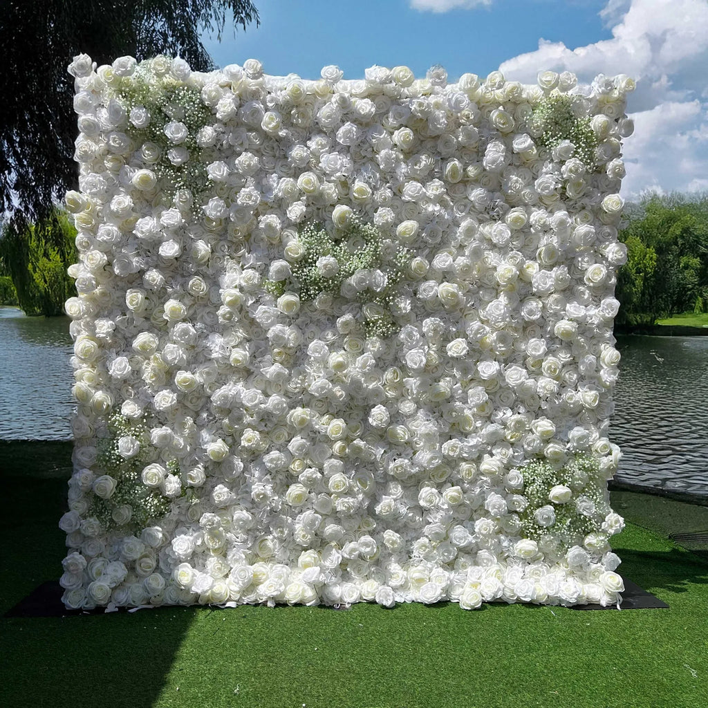 Luxury Modern Detachable 3D Roll-Up Zipper Artificial Silk Baby's Breath Flower Wall Backdrop 8ft X 8ft White Wedding Decoration