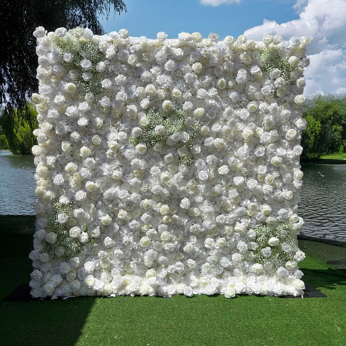 Luxury Modern Detachable 3D Roll-Up Zipper Artificial Silk Baby's Breath Flower Wall Backdrop 8ft X 8ft White Wedding Decoration