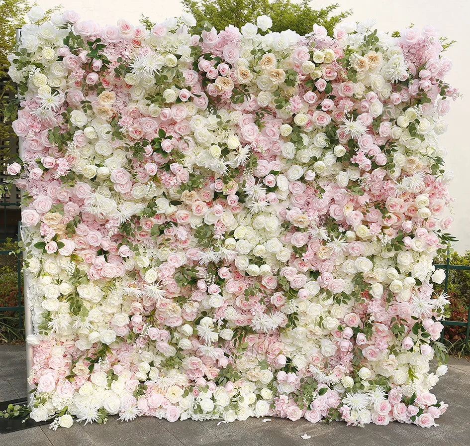 Hot Sale Luxury Custom-made Roll-up Artificial Flower Wall Pink & White Wedding Backdrop
