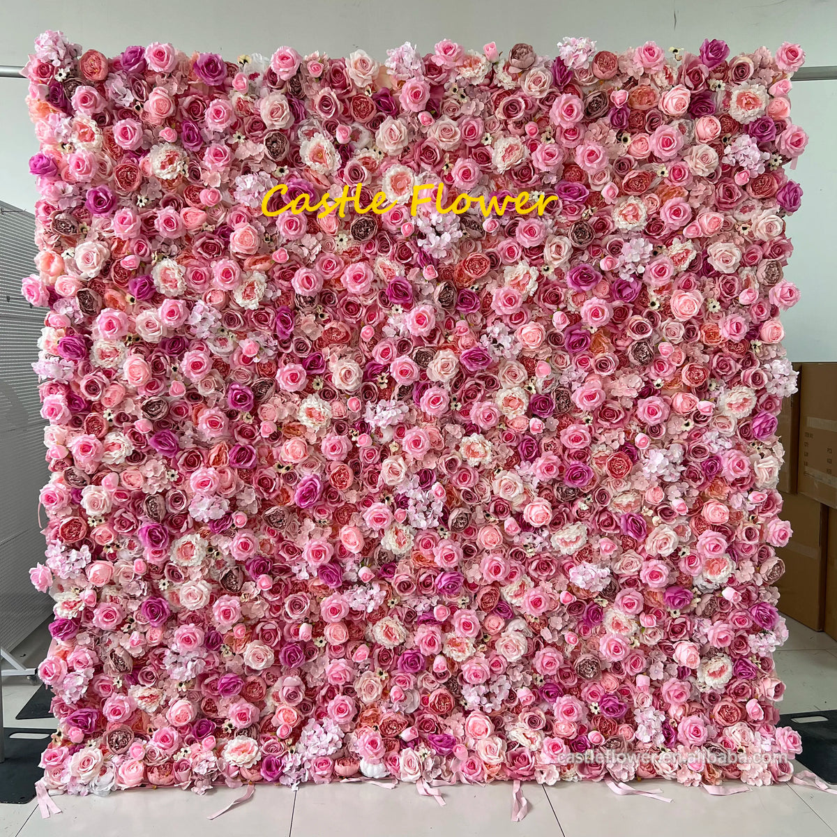 Customized 3D Silk Roll up Cloth Back Drop Panel 8ft X 8ft Wedding Events Artificial Red Rose Flower Wall Backdrop for Wedding