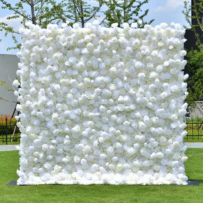 EG-M041 5D 8ft X 8ft Roll up Fabric Flower Wall Artificial Rose White Flower Wall for Wedding Backdrop Decoration