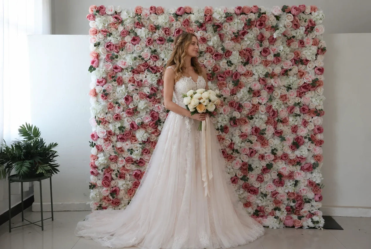 Custom 3D White Plastic Fabric Handmade Artificial Rose Flower Wall Wedding Mother's Day Background Decoration