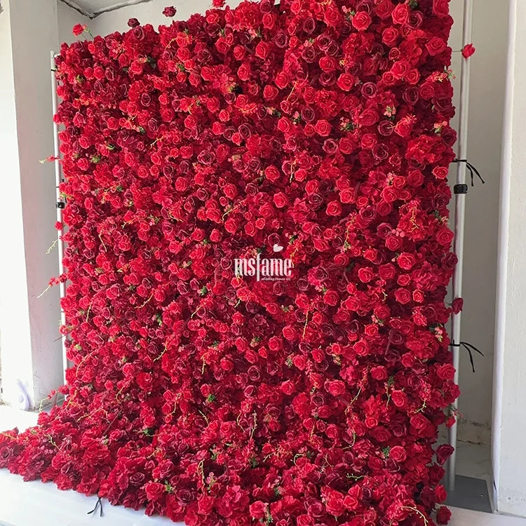 MSFAME Festive Party Supplies Decorative 8Ft X 8Ft Roll up Red Roses Flower Wall Backdrop