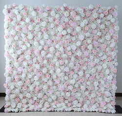 A01 Custom Pink White Floral Wall Panel Backdrop 3D 5D Roll up Zipper Fabric Artificial Silk Rose Flower Wall for Wedding Decor