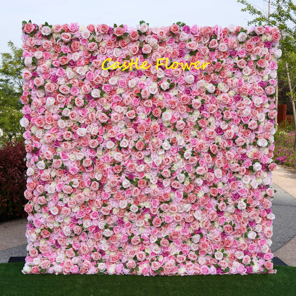 Custom OEM ODM Artificial Flower Wall 3D Mixed Silk Artificial Flowers Handmade Roll up Backdrop for Wedding Event Party Decor