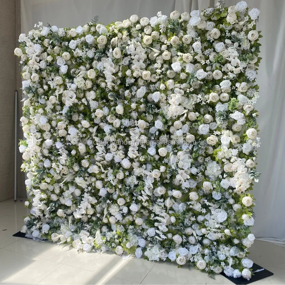 8x8 ft Artificial Flower Wall Panel Backdrop Roll up  Silk White Rose Morning Flower Wall Wedding Decorations