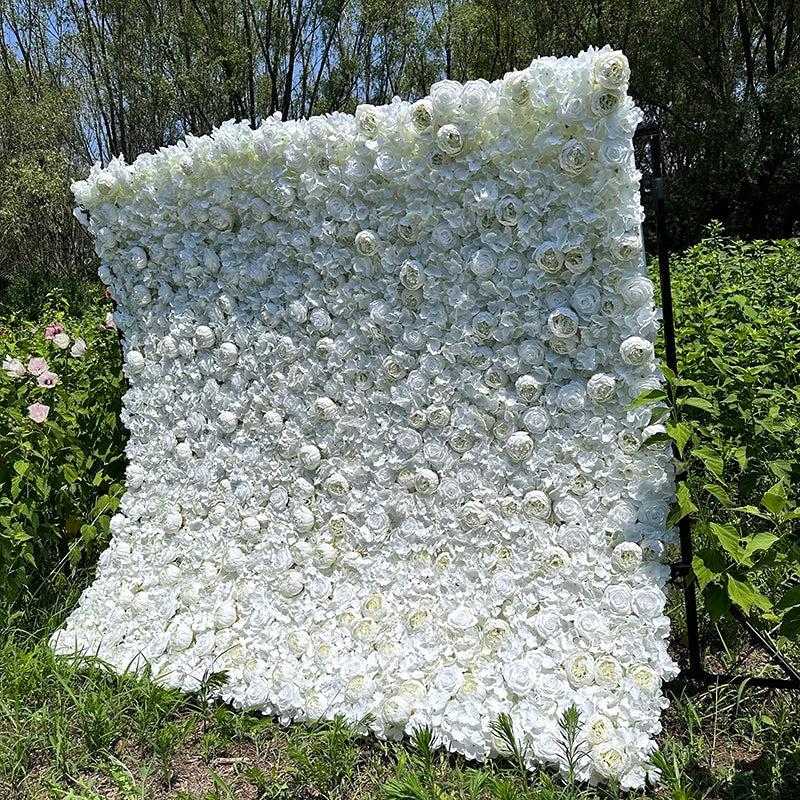 Custom 3D 5D Fabric Cloth Roll up Artificial Silk Rose Peony Flowers Wall Backdrop Panel Wedding Decor Artificial Flower Wall