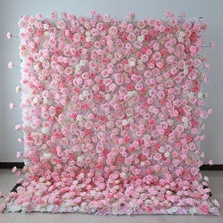A01 Custom Pink White Floral Wall Panel Backdrop 3D 5D Roll up Zipper Fabric Artificial Silk Rose Flower Wall for Wedding Decor - #13 157