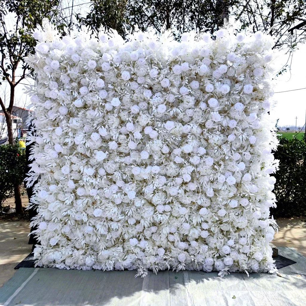 Wholesale Artificial Flower Wall 8ft X 8ft White Roll up Flower Wall Panel Silk Rose Wall Backdrop for Wedding Decoration