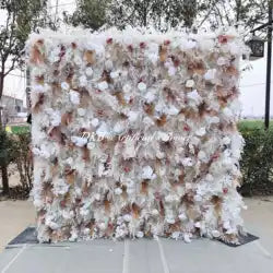 Wholesale Artificial Flower Wall 8ft X 8ft White Roll up Flower Wall Panel Silk Rose Wall Backdrop for Wedding Decoration - customizable / HQ268