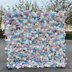 Custom 3d Roll up Fabric Cloth Base Pink Silk Rose Flowerwall Backdrop Panel Decor Artificial Flower Wall for Wedding Decor - #10 Mixing