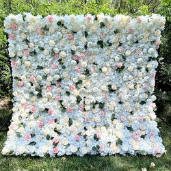 Custom 3D 5D Fabric Cloth Roll up Artificial Silk Rose Peony Flowers Wall Backdrop Panel Wedding Decor Artificial Flower Wall