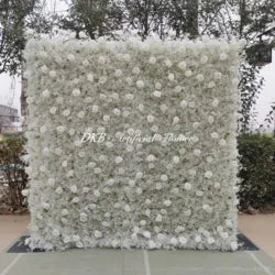 Wholesale Artificial Flower Wall 8ft X 8ft White Roll up Flower Wall Panel Silk Rose Wall Backdrop for Wedding Decoration - customizable / HQ106