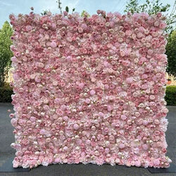 Custom 3d Roll up Fabric Cloth Base Pink Silk Rose Flowerwall Backdrop Panel Decor Artificial Flower Wall for Wedding Decor - #12 green