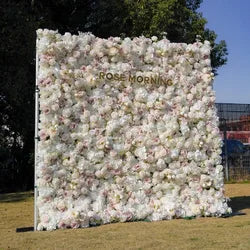 Wholesale Cloth Base Artificial Rose Flower Wall Background Wedding Decoration Sign-in Flower Row for Reception Flower Wall - 1*1m(3.28*3.28ft) / white green 5