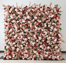 A01 Custom Pink White Floral Wall Panel Backdrop 3D 5D Roll up Zipper Fabric Artificial Silk Rose Flower Wall for Wedding Decor - #64 442