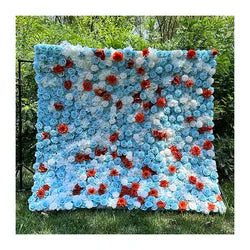 MYFW High-quality Customized 5D 3D Flower Wall Backdrop Silk Artificial Decorative Flower Wall Pink Wedding Rose Wall Penels - 240*240cm free size you like / Light Blue 01
