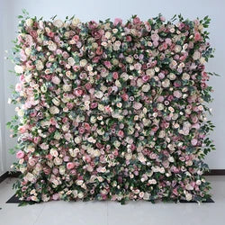 A01 Custom Pink White Floral Wall Panel Backdrop 3D 5D Roll up Zipper Fabric Artificial Silk Rose Flower Wall for Wedding Decor - #60 242