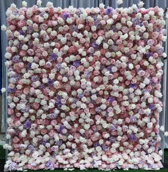 A01 Custom Pink White Floral Wall Panel Backdrop 3D 5D Roll up Zipper Fabric Artificial Silk Rose Flower Wall for Wedding Decor - #49 439