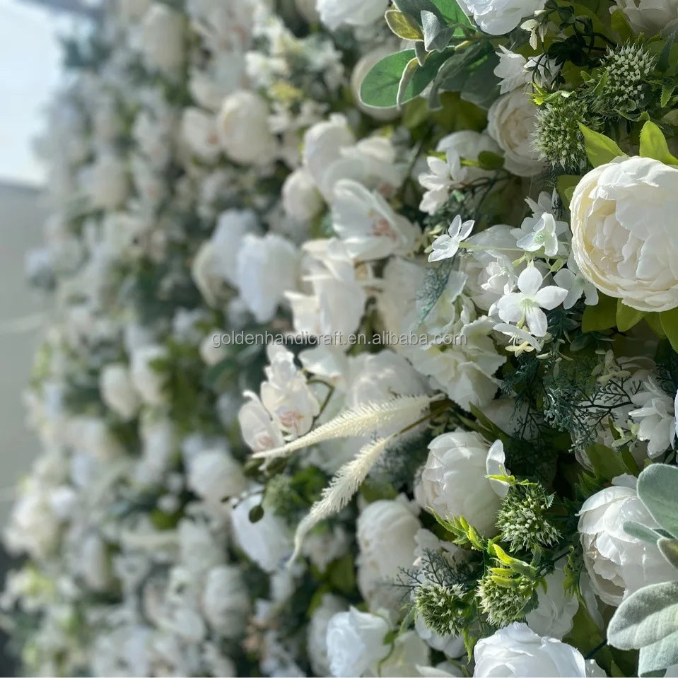 8x8 ft Artificial Flower Wall Panel Backdrop Roll up  Silk White Rose Morning Flower Wall Wedding Decorations