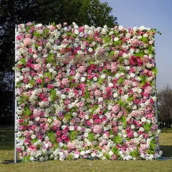 Wedding Party Event Decor  Flower Wall Panel  3D Roll up Fabric Cloth Artificial Silk Rose Flower Wall Backdrop - 1*1m   23