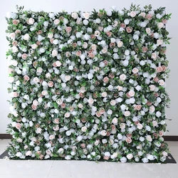 A01 Custom Pink White Floral Wall Panel Backdrop 3D 5D Roll up Zipper Fabric Artificial Silk Rose Flower Wall for Wedding Decor - #62 445