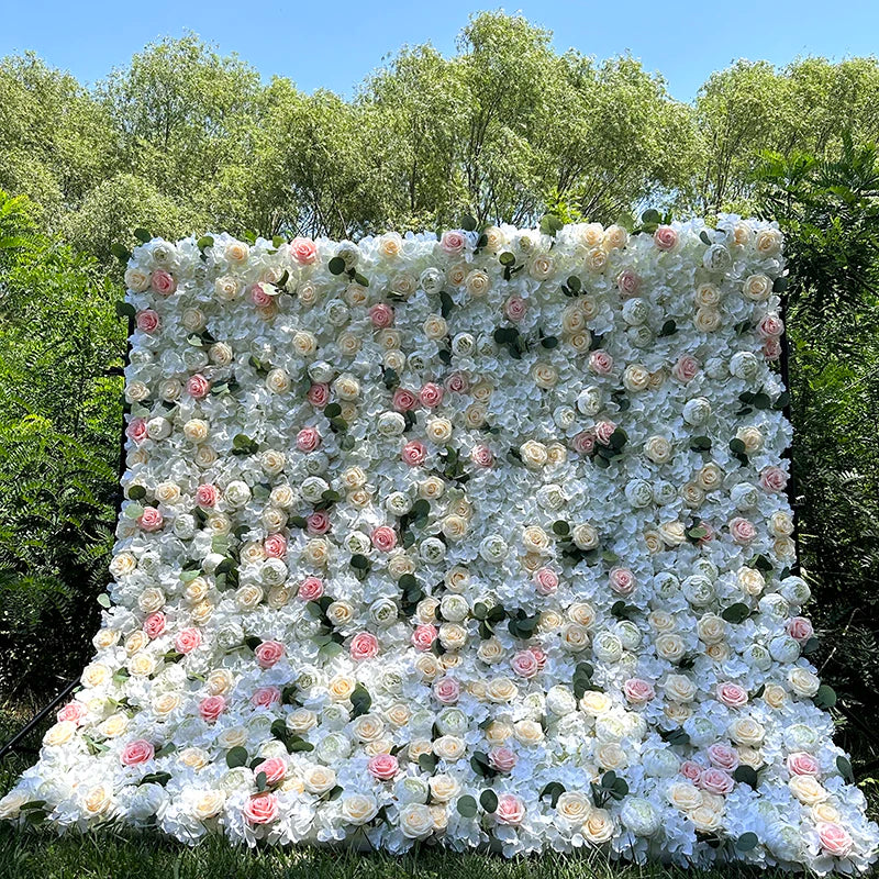Custom 3D 5D Fabric Cloth Roll up Artificial Silk Rose Peony Flowers Wall Backdrop Panel Wedding Decor Artificial Flower Wall