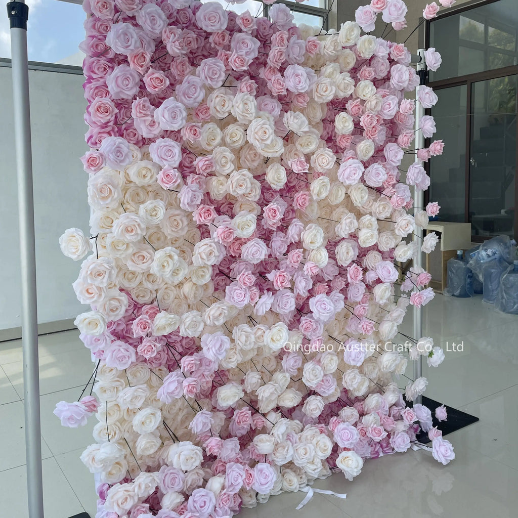 High Quality 3D Silk Floral Panel Custom 5D/8D Artificial Rose Flower Wall Wedding Christmas Graduation Stage Background