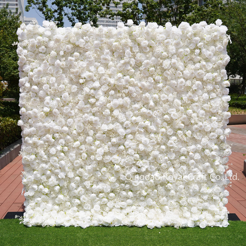 Custom 3d Roll up Fabric Cloth Base Pink Silk Rose Flowerwall Backdrop Panel Decor Artificial Flower Wall for Wedding Decor